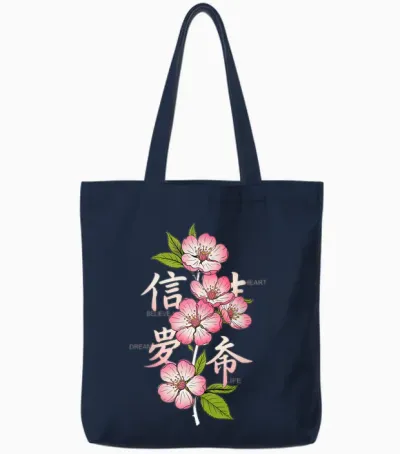 Japanese Flowers Printed Back Print Aesthetic Tote Bags - Navy