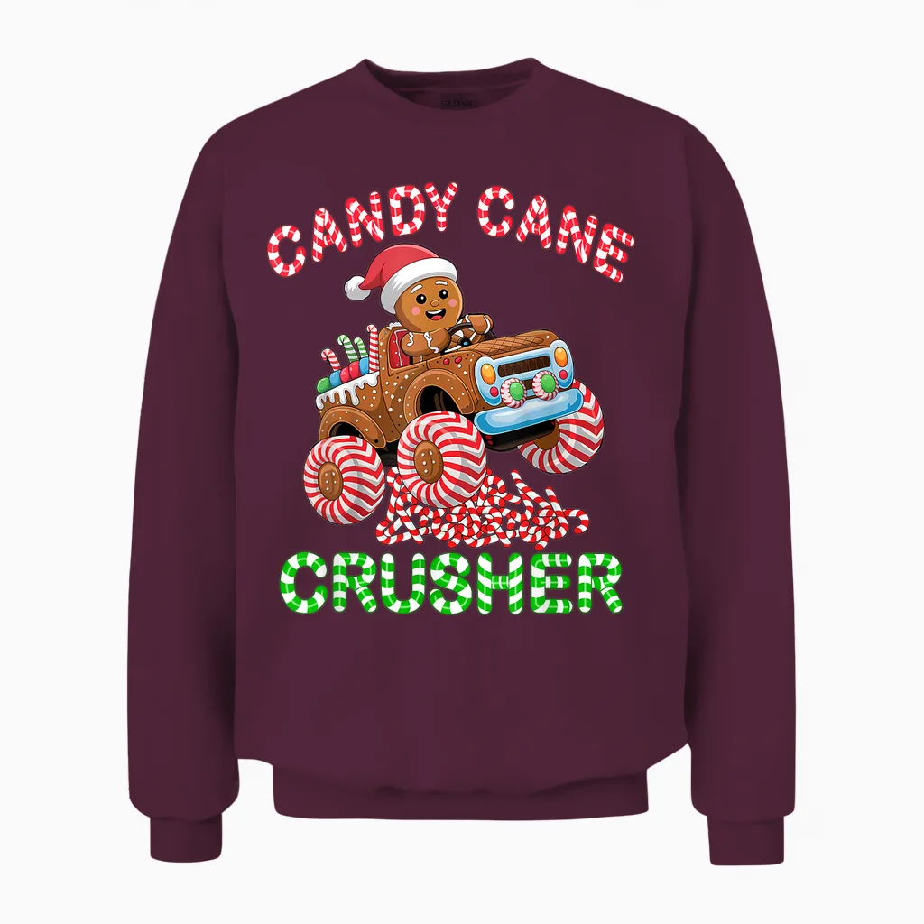 Kids Christmas Gingerbread Candy Cane Crusher Monster Truck Unisex Sweatshirt in Maroon