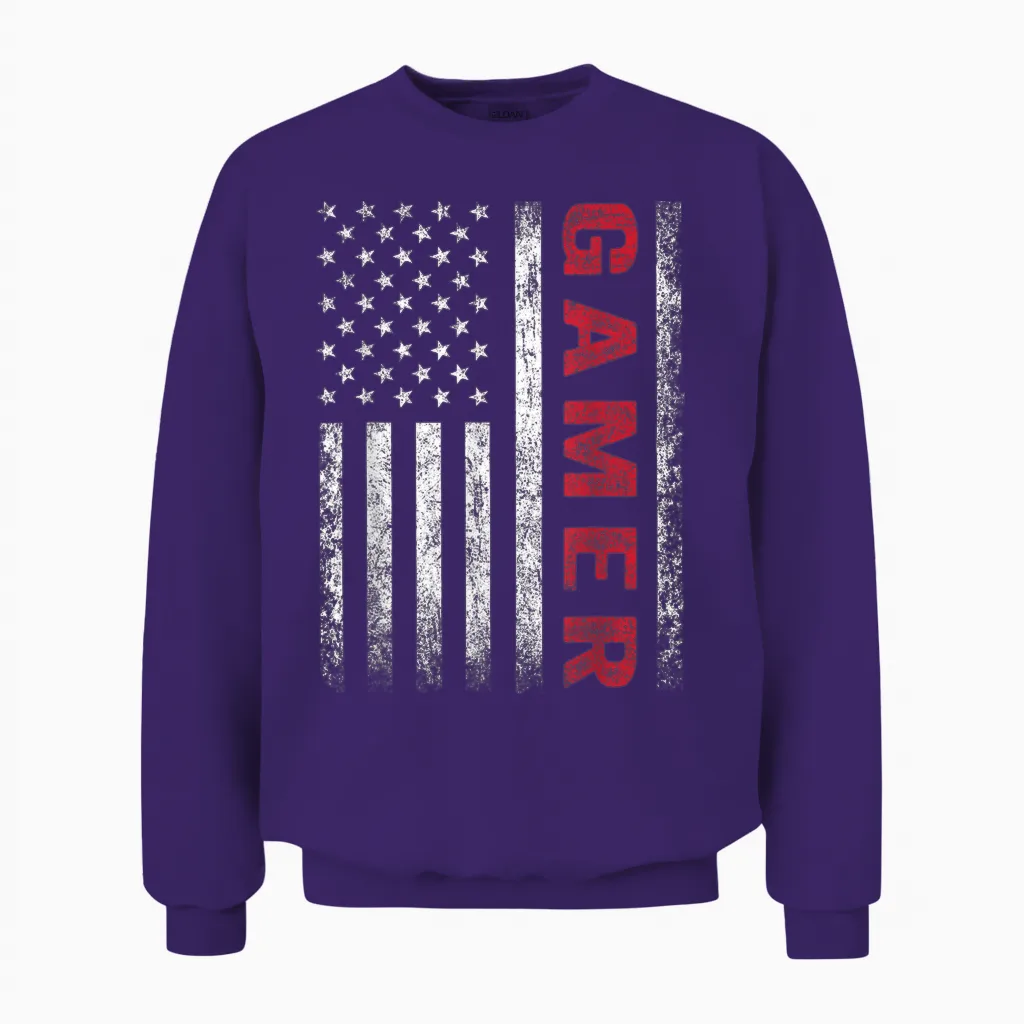American Flag Funny Gamer Gift Video Games Boys Men Gaming Unisex Sweatshirt in Purple