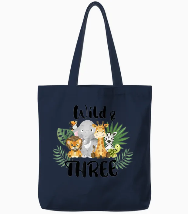 Kinder Wild & Three 3. Geburtstag Junge Lustiges Wildtier Kleinkind Tote Bags in Navy