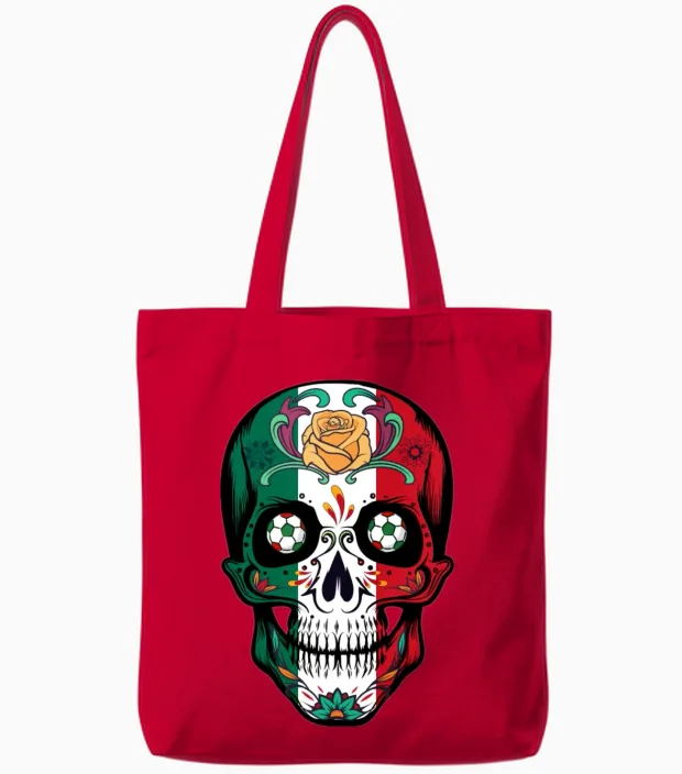 Soccer Skull Mexico Fan Tote Bags in Red