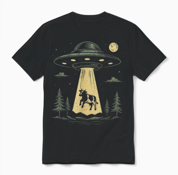Ufo Cow Kidnapping Design Funny Alien Spaceship Unisex T-Shirt in Black