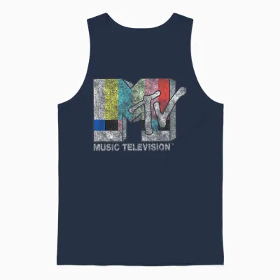 Mtv Classic Fit Black T-Shirt - Vintage Tv Signal Logo, 100% Cotton, Adult Short Sleeve Unisex Tank Top - Navy