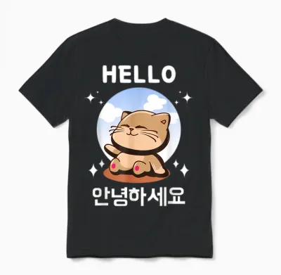 Annyeonghaseyo Kawaii Cat Says Hello Hangul Korean T-Shirt, Black, S Unisex T-Shirt - Black