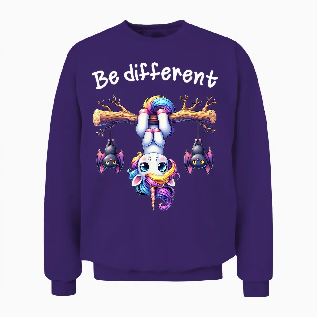 Funny Be Different Unicorn T-Shirt for Men Women Children, Black Unisex Sweatshirt in Purple