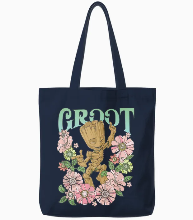 Marvel Guardians of the Galaxy Groot Floral Dance Poster T-Shirt Small Tote Bags in Navy