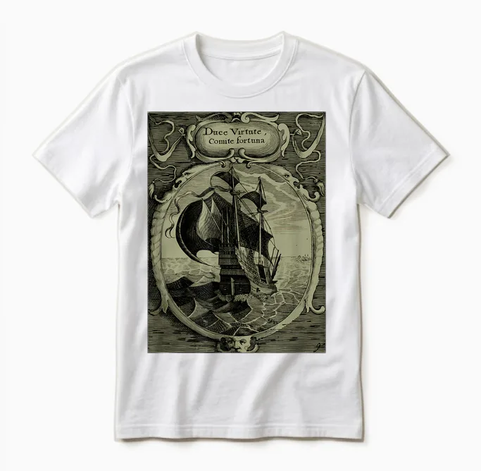 Latin Currency Virtute Duce Comite Fortuna Ship Unisex T-Shirt in White