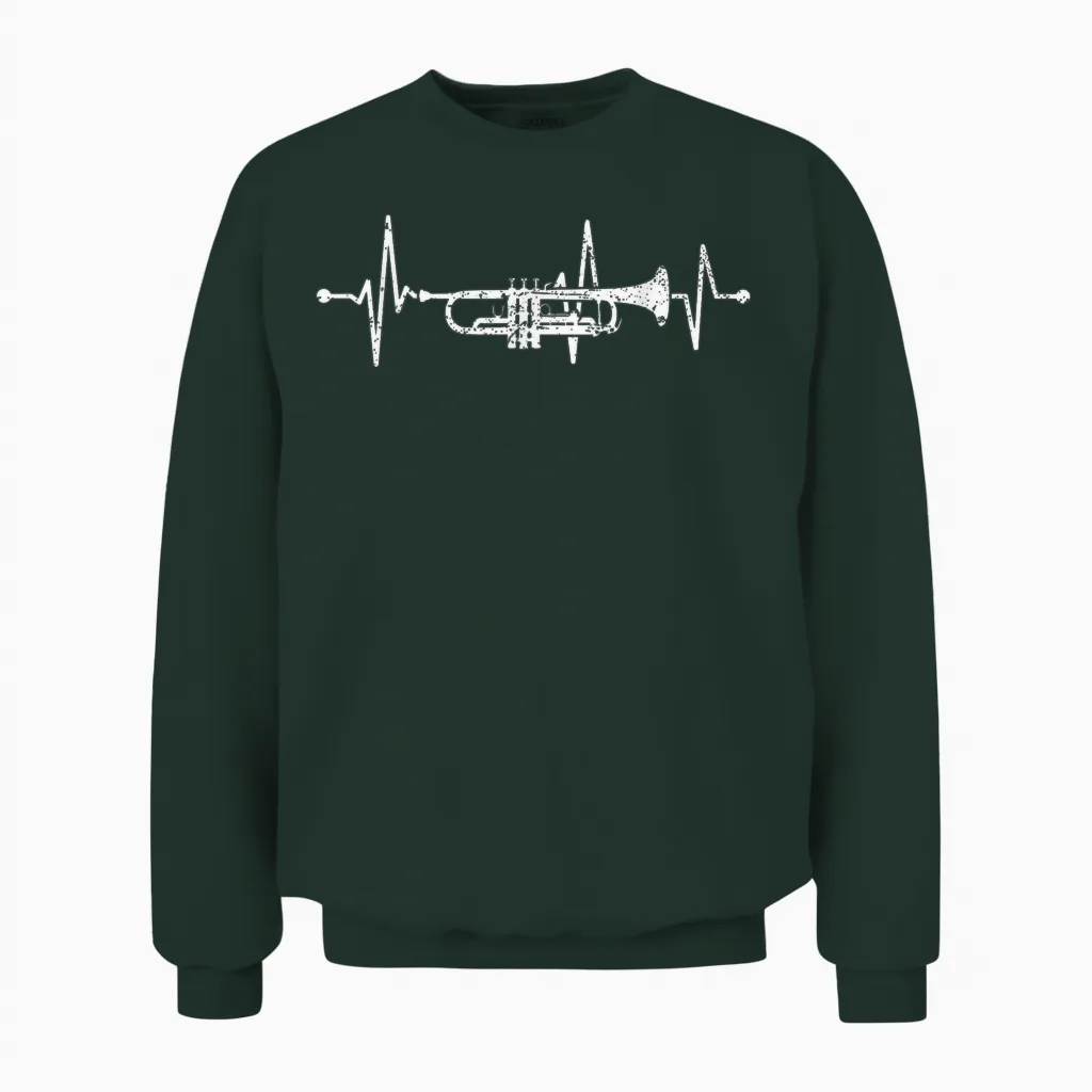 Trumpet Heartbeat Orchestra Musician Trumpeter T-Shirt, Black Unisex Sweatshirt in Forest