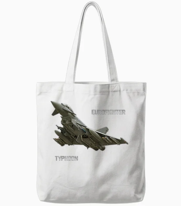 Dasdirkdesign Eurofighter T-Shirt Schwarz Herren Erwachsene Klein Klassische Passform Kurzarm Crew-Ausschnitt Spreizkragen Klassisch Militärisch Flugzeug Tote Bags in White