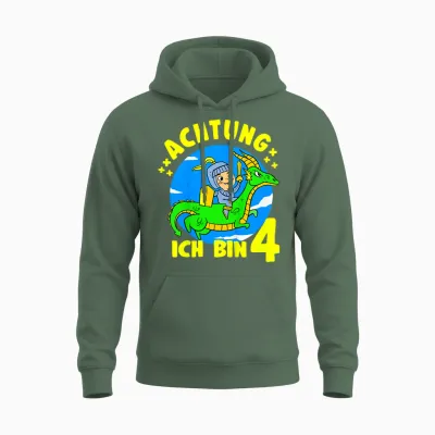 Kinder Drache & Ritter Geburtstagshirt Achtung 4 Jahre Junge Unisex Hoodie - Military Green