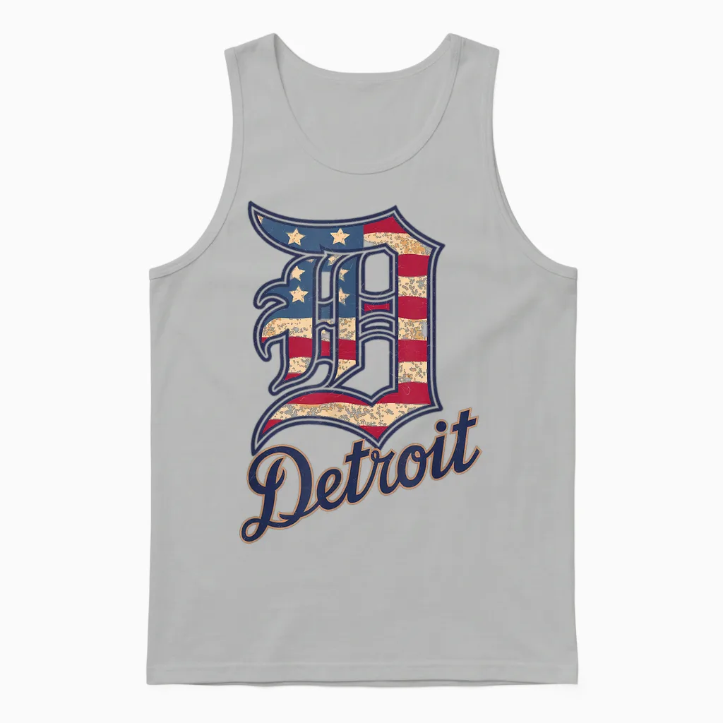 Nate Willis Detroit American Flag Old English D T-Shirt - Men's Black Small Modern Classic Letter Print Short Sleeve Unisex Tank Top in Ash