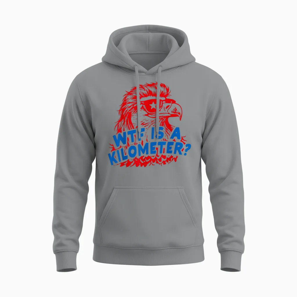 Wtf Is a Kilometer Patriotic Eagle Humor Unisex Hoodie in Sport Grey