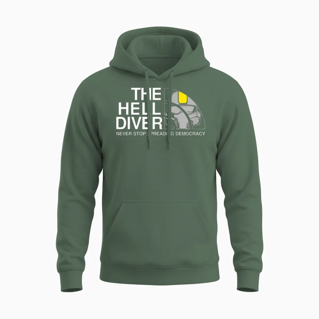 Never Stop Spreading Democracy Divers for Freedom Hell Game Unisex Hoodie in Military Green