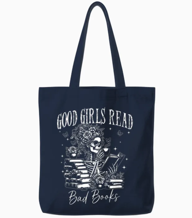 Good Girls Read Bad Books, Funny Smut Reader Dark Romance Tote Bags in Navy