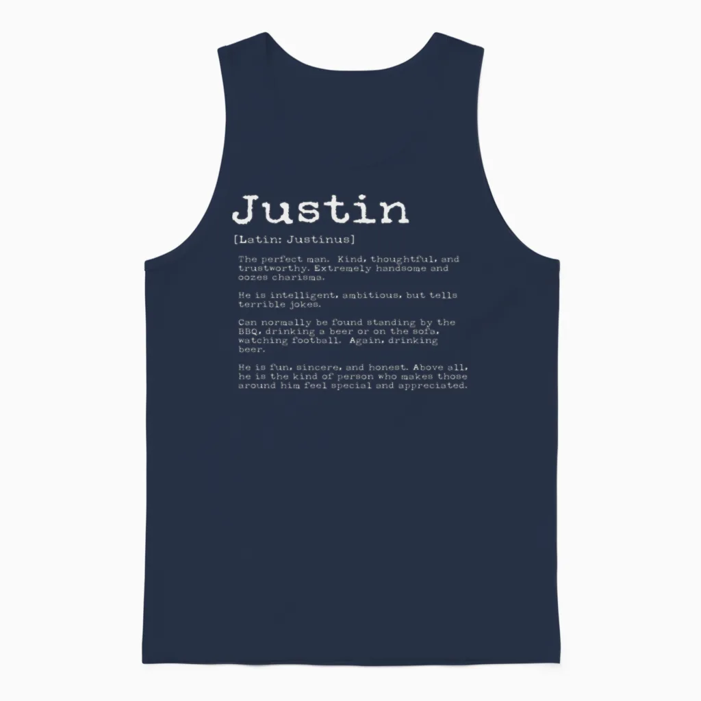 Funny Justin Names Definition Funny Justin Unisex Tank Top in Navy