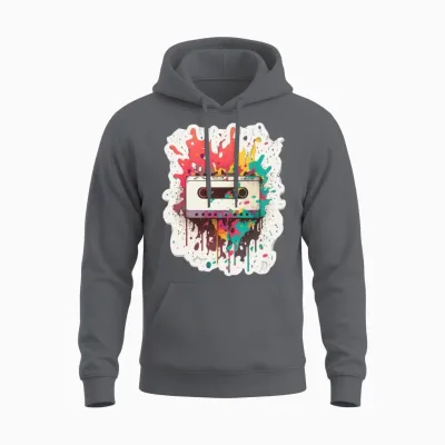 Retro Cassette Sticker Style Unisex Hoodie - Charcoal