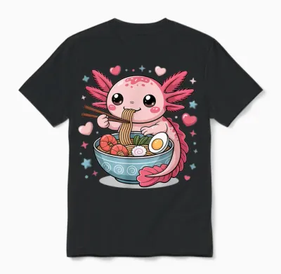 Axolotl Eats Ramen Noodles Super Cute Motif Axolotl Unisex T-Shirt - Black