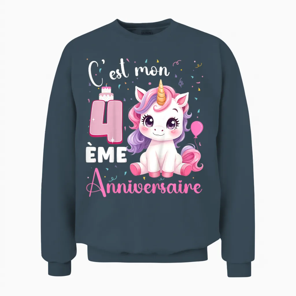 Enfant C'est Mon 4 Γ¨me Anniversaire Unicorn Birthday 4 Years T-Shirt, Black, 2 Unisex Sweatshirt in Dark Heather