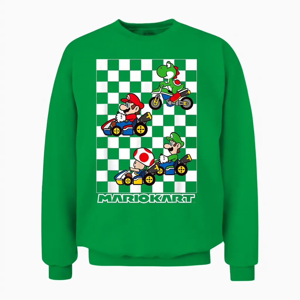 Mario Kart Racing Big Nintendo 4 Character Portrait Unisex Sweatshirt in Irish Green
