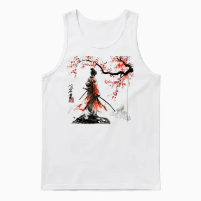 Geisha Samurai Girl Cherry Blossom Fighter Ninja Martial Art T-Shirt, Gray Unisex Tank Top - White