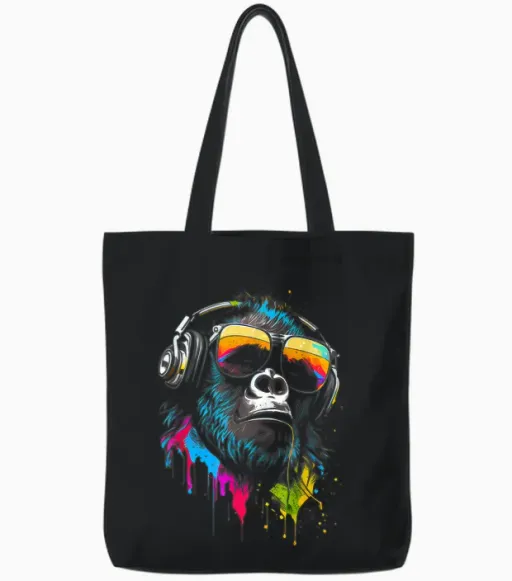 Monkey Dj with Headphones and Sunglasses Gorilla Musik T-Shirt, Black, S Tote Bags - Black