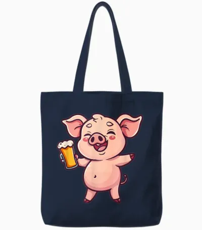 Pig with Beer | Funny Drinking Party T-Shirt, Black, S Tote Bags - Navy