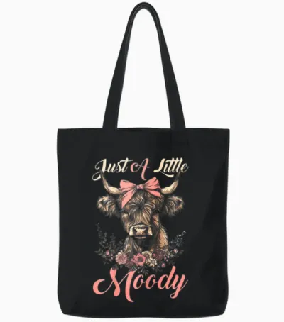 Highland Cow Just a Little Moody Flower Funny Farm Farmer Tote Bags - Black