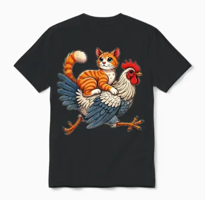 Funny Cat Riding a Chicken Whimsical Cat Unisex T-Shirt - Black