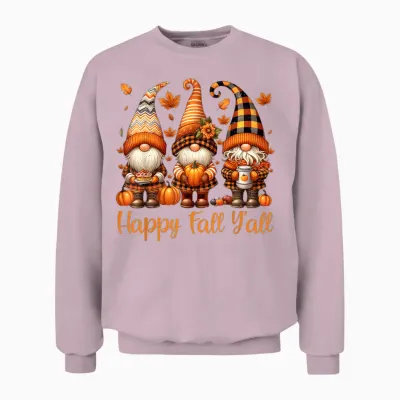 Happy Fall Y'all Gnome Pumpkin Autumn Thanksgiving Men Women Unisex Sweatshirt - Light Pink