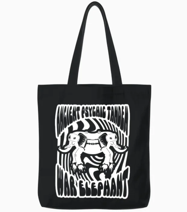 Ancient Psychic Tandem War Elephant Tote Bags in Black