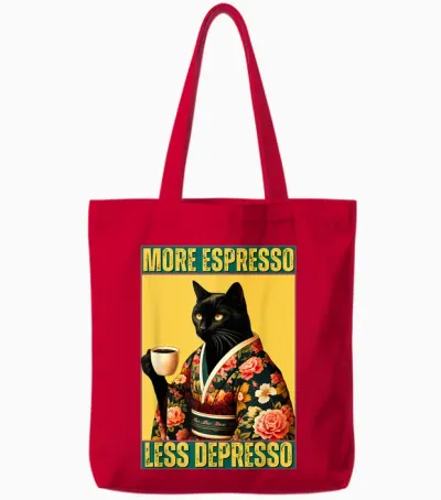 More Espresso Less Depresso Kimono Cat Japanese Art T-Shirt, Black Tote Bags - Red