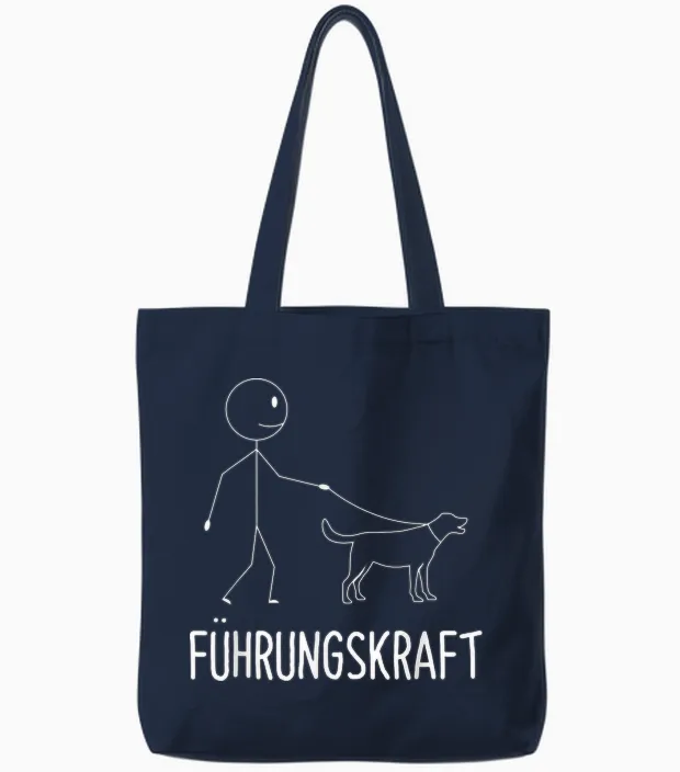 T-Shirt with German Text "führungskraft Dog Dog Owner Walking", Black Tote Bags in Navy