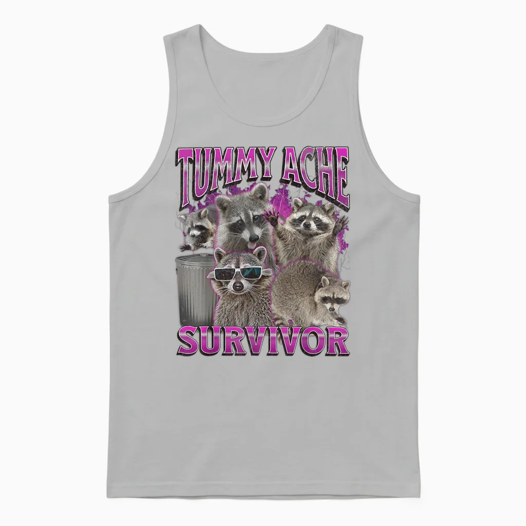 Tummy Ache Survivor Funny Raccoon Meme Bootleg Graphic 90s T-Shirt, Black Unisex Tank Top in Ash