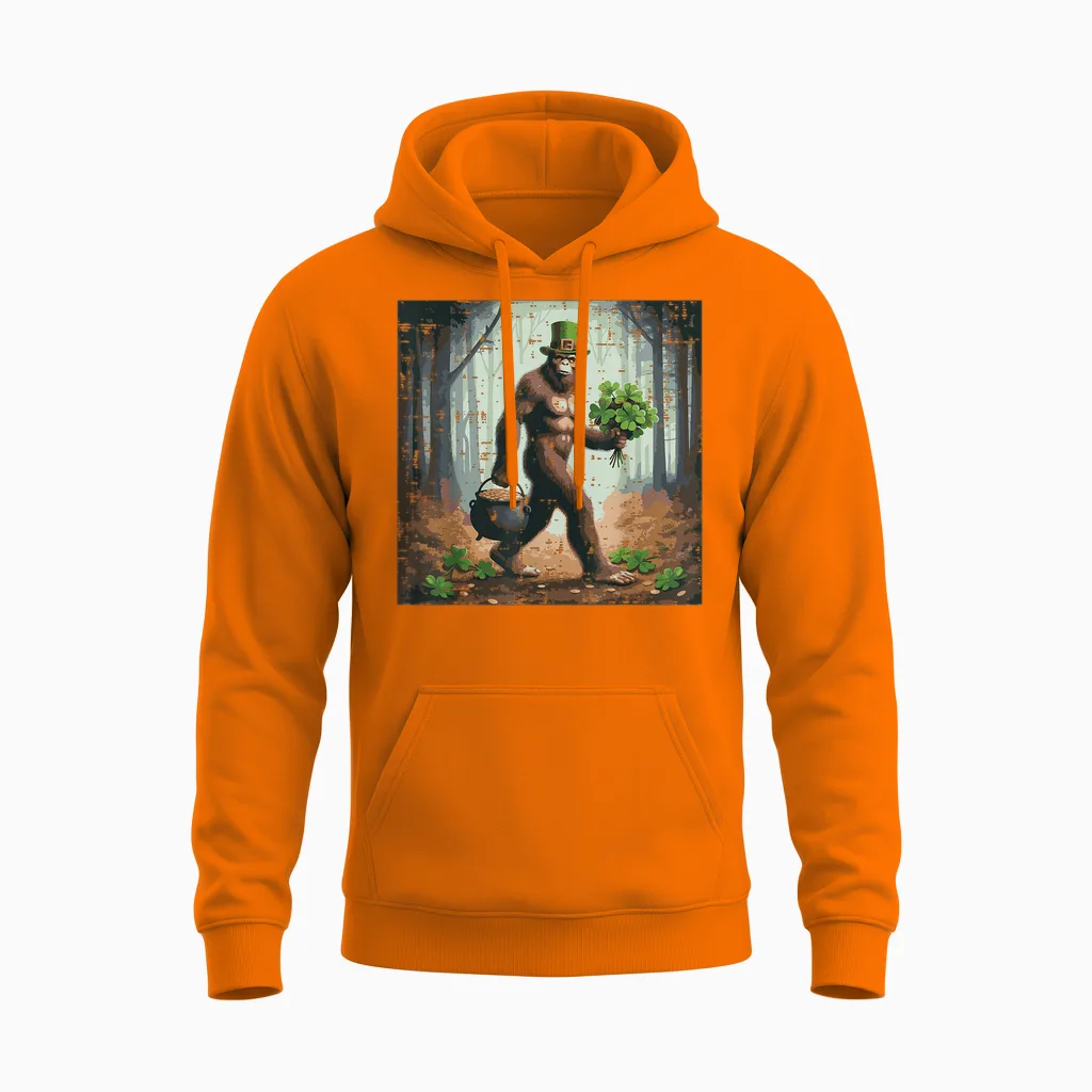 St Patricks Day Bigfoot Alien Selfie Funny Irish Men Women Unisex Hoodie in Safety Orange
