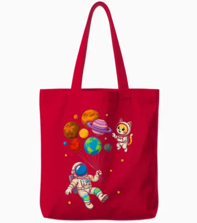 Lustiger Astronaut Hält Planeten Weltraum Katze Jungen Mädchen Kinder Tote Bags - Red