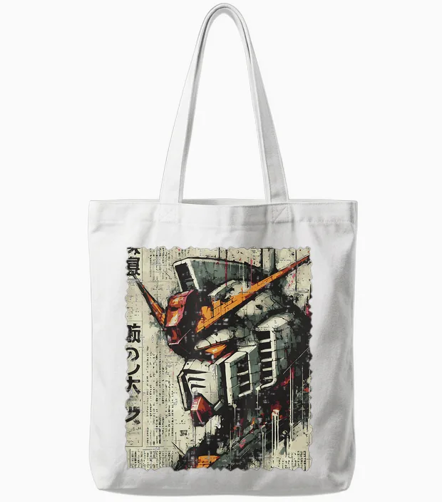 Japanese Mecha Robot Head Vintage Anime Art Men Boys Tote Bags in White