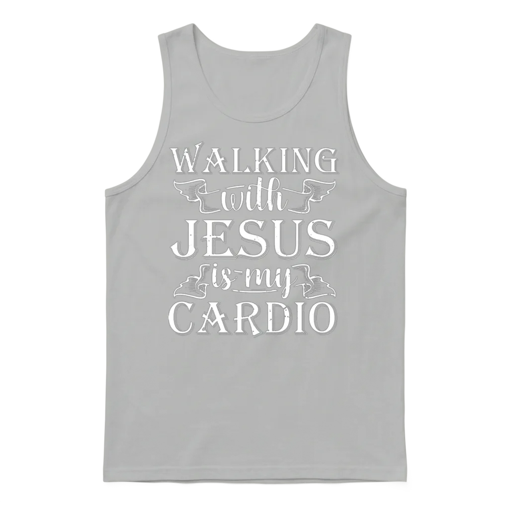 Walking with Jesus Is My Cardio Funny Religious Unisex Tank Top - Ash