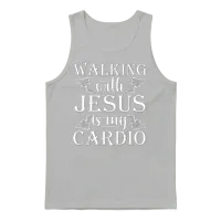 Walking with Jesus Is My Cardio Funny Religious Unisex Tank Top - Ash – 1