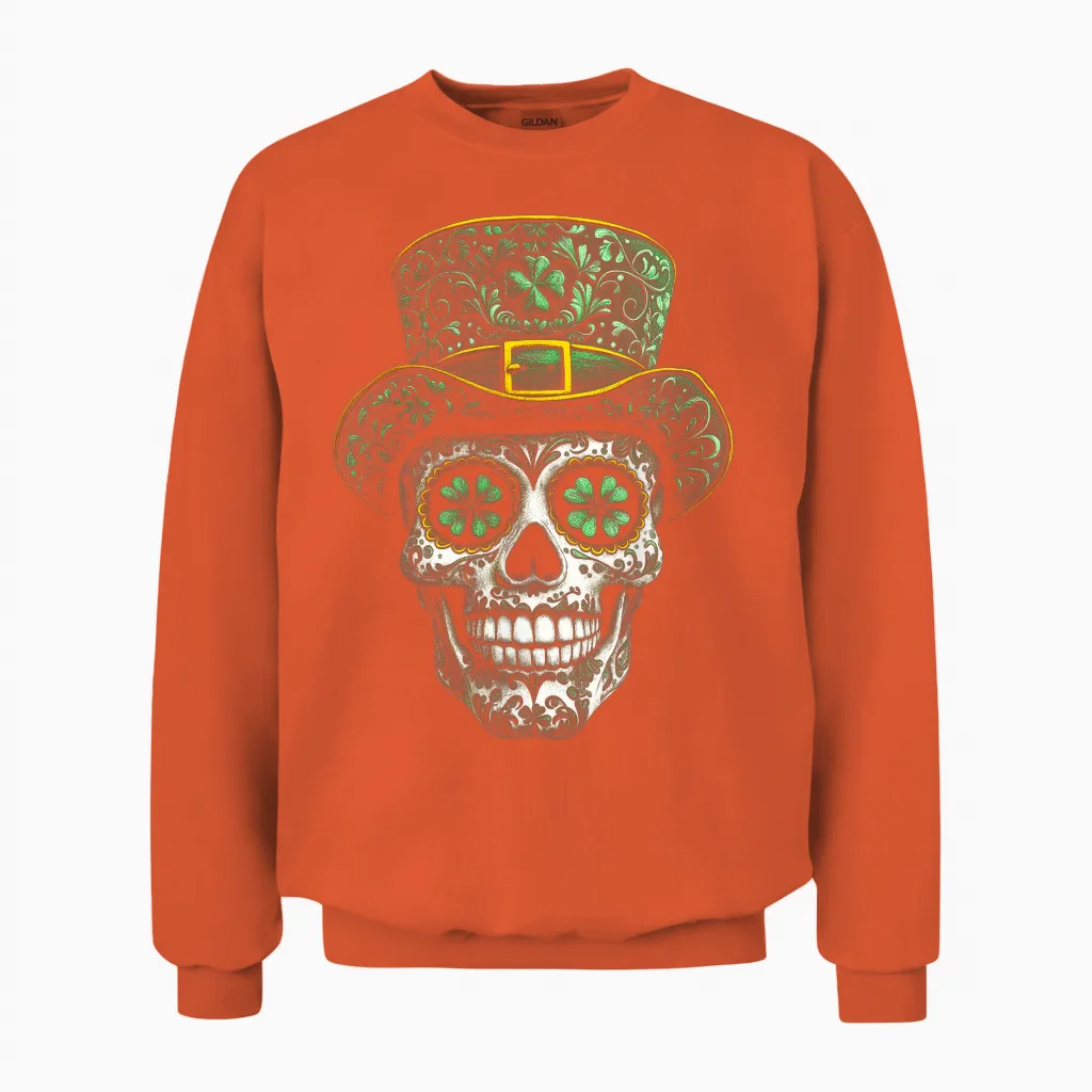 Sugar Skull St Patrick Day of the Dead Lucky Shamrock Clover Unisex Sweatshirt in Orange