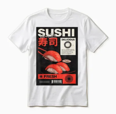 Sushi Japan Streetwear Fashion Cyberpunk Y2k Retro Manga Anime T-Shirt, Black, S Unisex T-Shirt - White