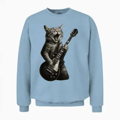 Cat Playing Guitar Rock Funny Unisex Sweatshirt - Light Blue
