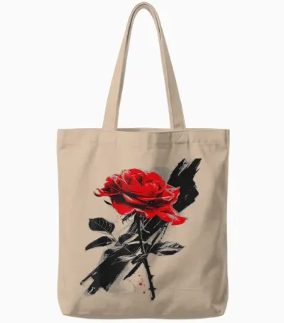 Rose Drawing Flower Lovers Artwork Graphic Motif Rose T-Shirt, White Tote Bags - Natural