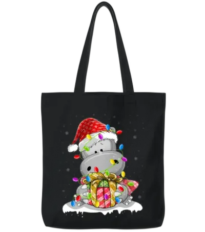 Hippopotamus Santa Christmas Tree Lighting Xmas Tote Bags - Black