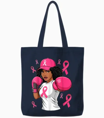 Women Black African American Breast Cancer Afro Pink Ribbon Tote Bags - Navy