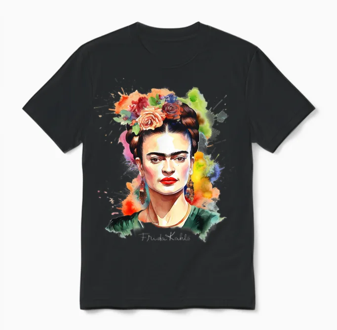 Frida Kahlo - Damen T-Shirt Schwarz V-Ausschnitt Kurzarm Small Eu 16.5 Unisex T-Shirt in Black