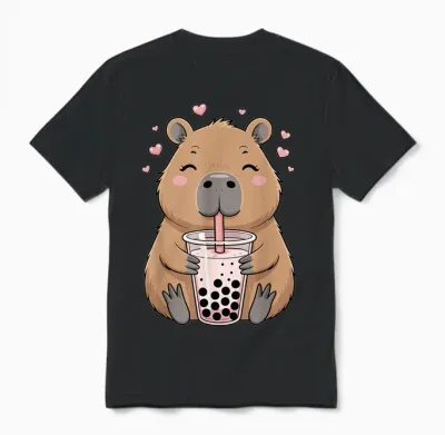 Lovely Bubble Tea Capybara for Girls, Kawaii Unisex T-Shirt - Black