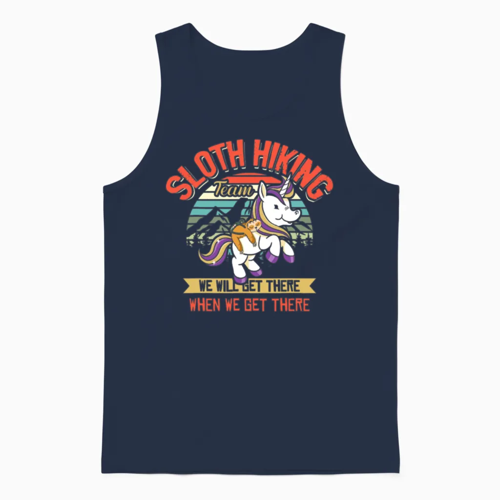 Sloth Hiking Team Sloth Riding Unicorn Hiking Unisex Tank Top in Navy