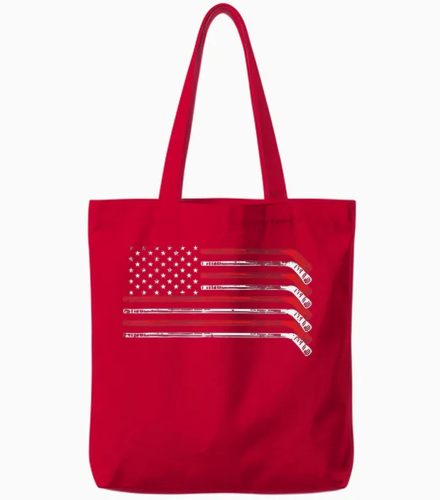 Ice Hockey Sticks Us Flag Patriotic Player Men Boys Tote Bags in Red