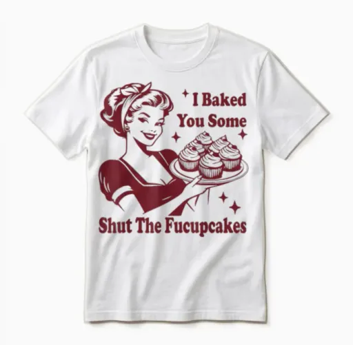 Funny Vintage Housewife I Baked You Some Shut the Fucupcakes Unisex T-Shirt in White