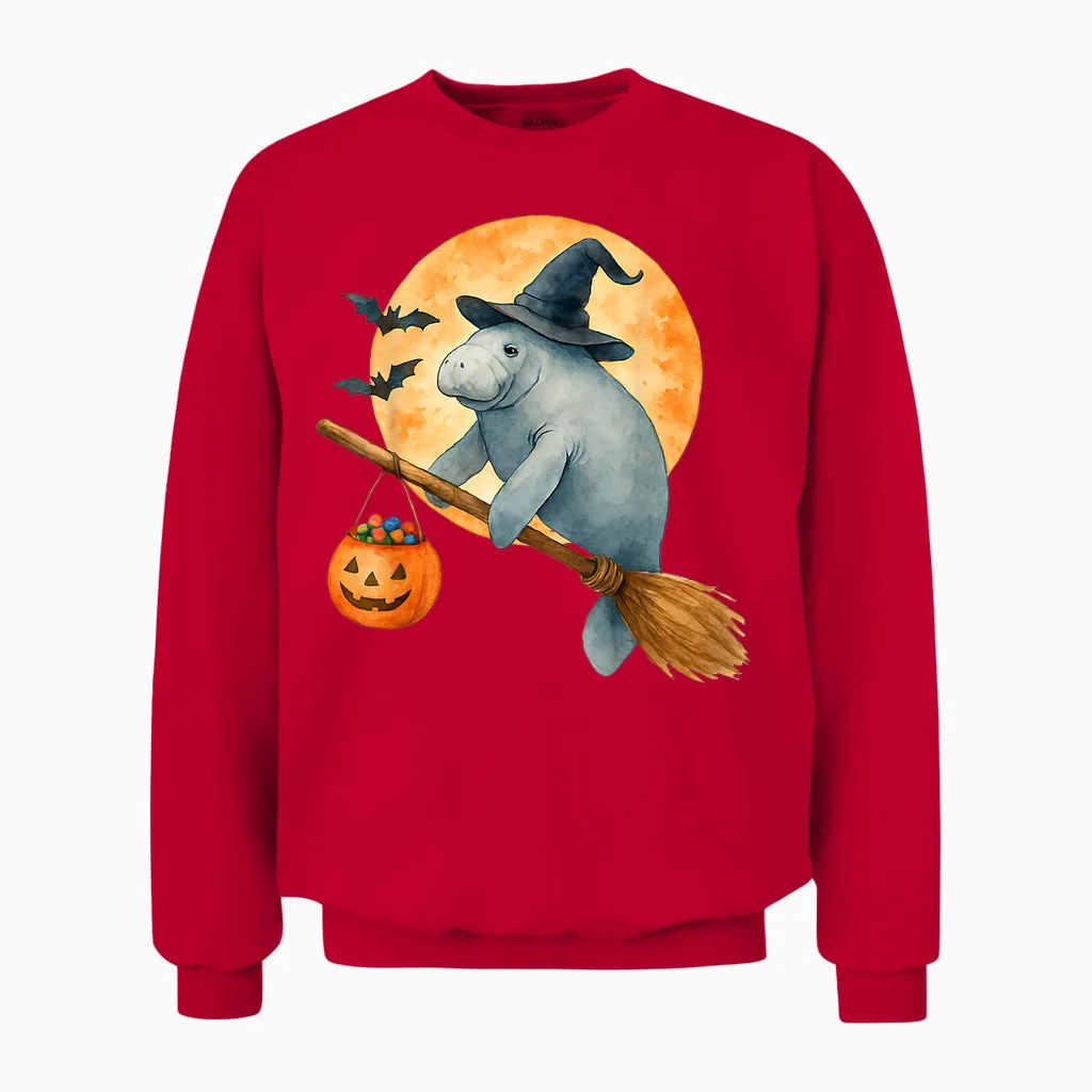 Manatee Witch Hat Pumpkin Halloween Costume Men Women Unisex Sweatshirt in Red